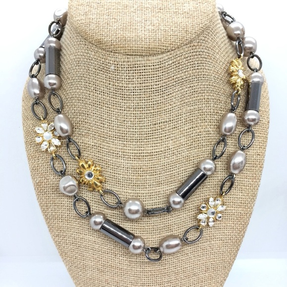LIA SOPHIA LONG NECKLACE WITH GOLD RHINESTONE PEARL STATIONS GUNMETAL 36” LONG - Picture 4 of 12